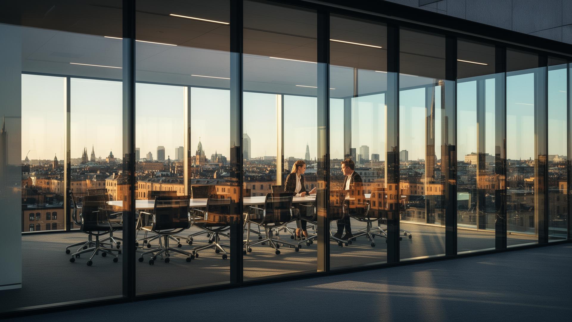 Modernt kontor med glasväggar och stadsvy
